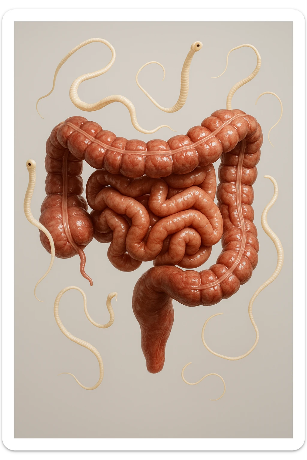 INTESTINO UMANO ANATOMICO REALISTICO FLUTTUA IN ARIA INSIEME A PARASSITI COME LA TENIA, SFONDO CHIARO, iperrealistico 4k sticker