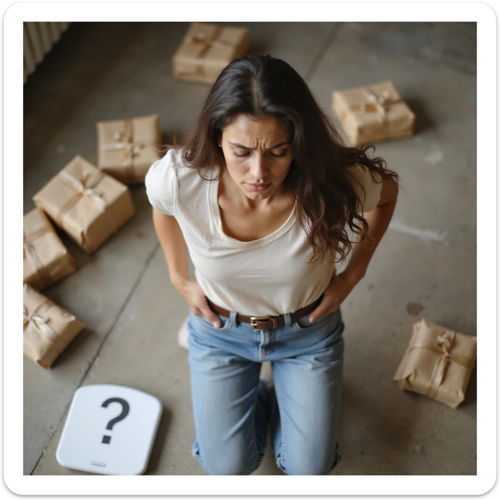 adult woman, photorealistic, holding a belt that does not tighten, frustrated expression, surrounded by light food packages, scale on floor with question mark symbol, natural light, bedroom background sticker