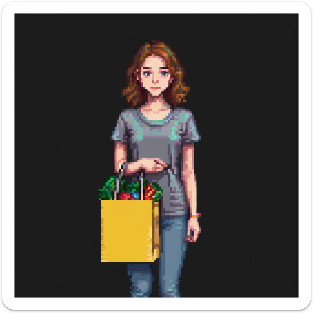 A young woman with a shopping bag, in a city street, vibrant colors, detailed background, shopping festival, niche brands, aesthetic lifestyle sticker