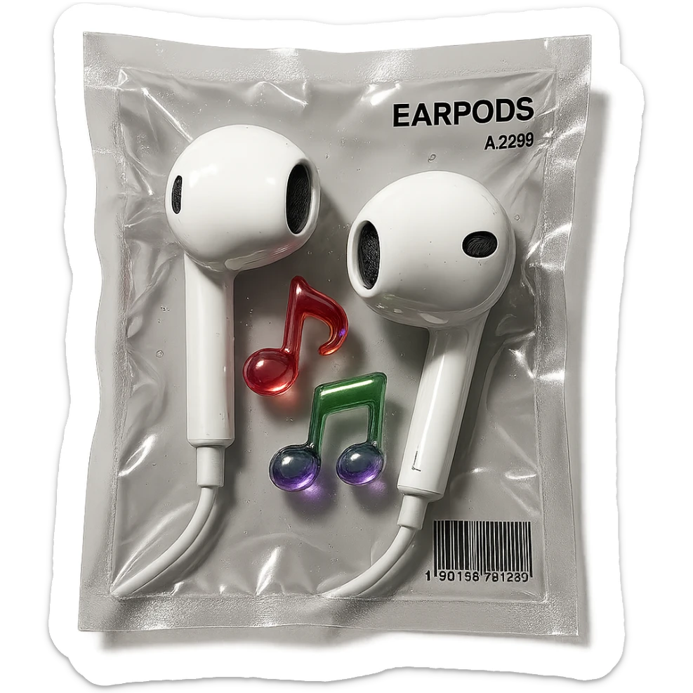 pair of white EarPods with three small glassy music notes in red, green, and purple floating around, glossy and inflated sticker