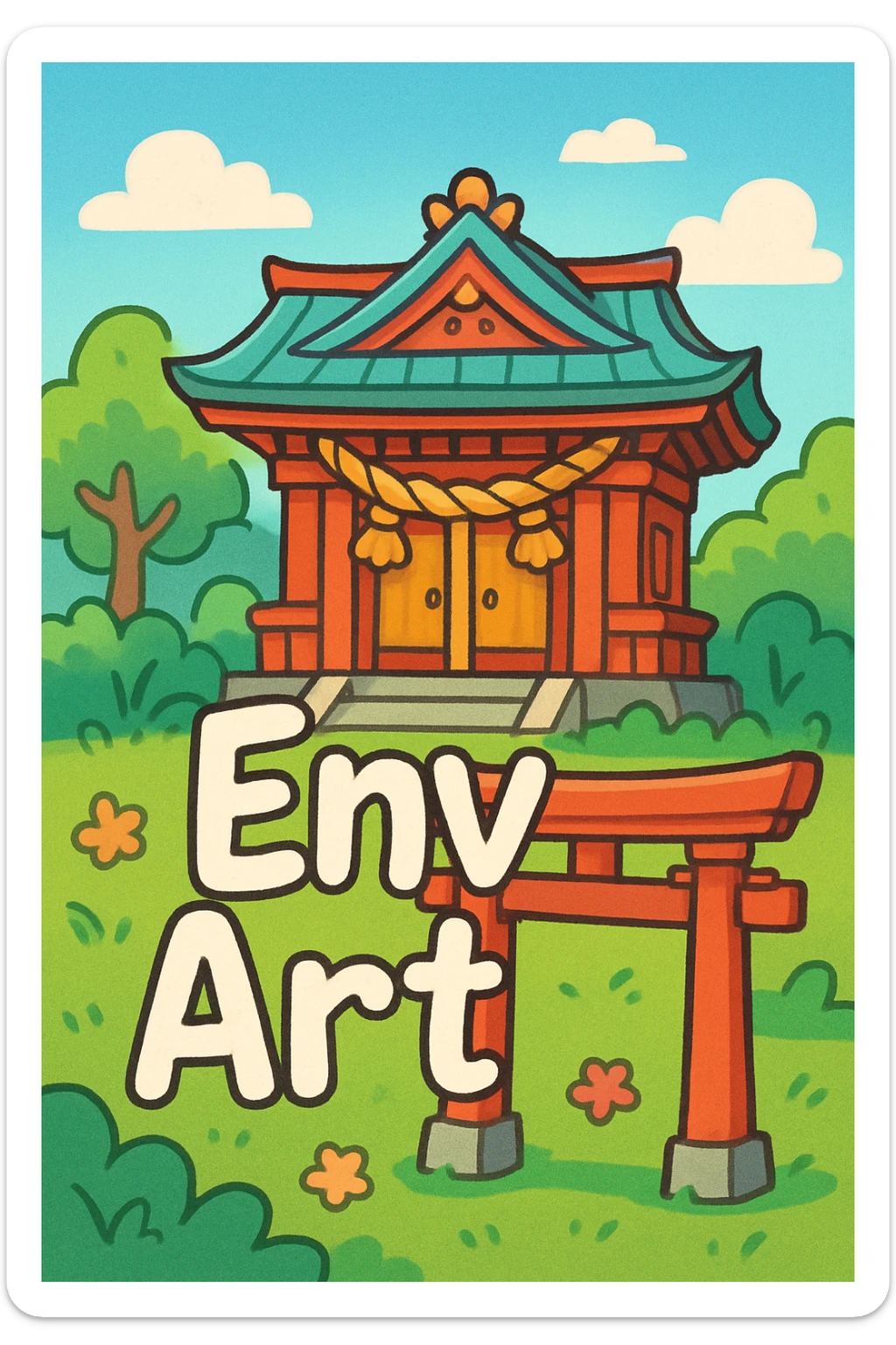 The words 'Env Art' in a playful handwritten font, with a cartoon-style Shinto shrine behind, cheerful and creative vibe. sticker
