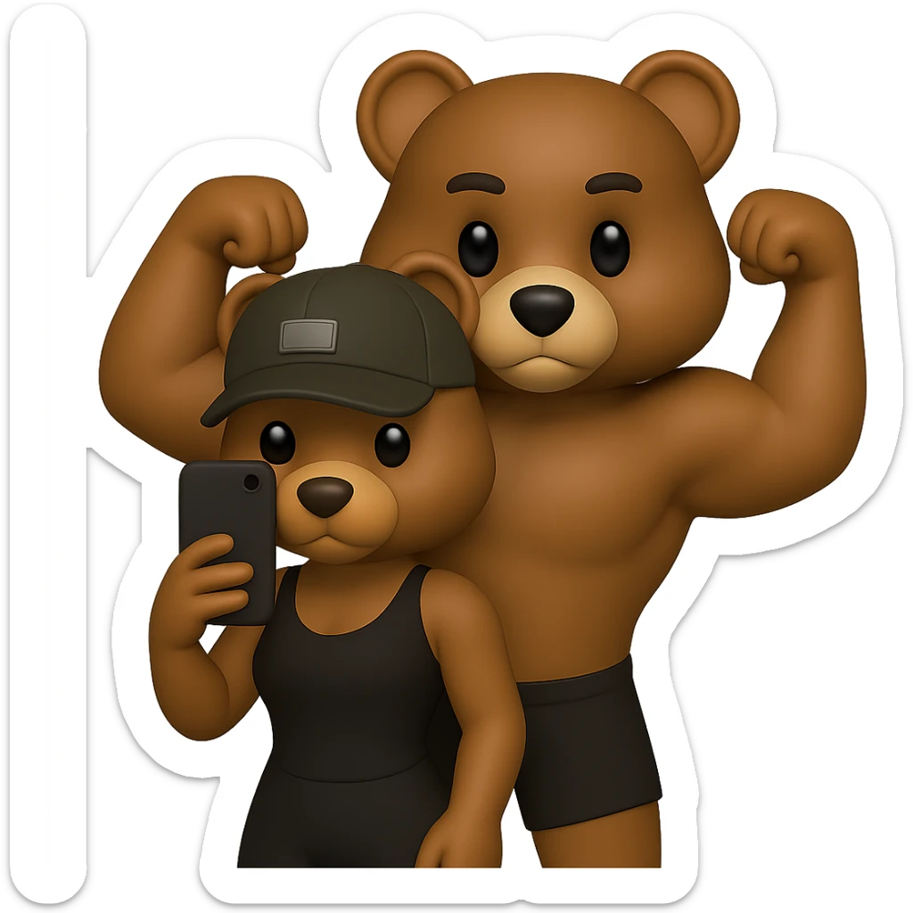 Create two muscle bears in a 3D apple emoji style. The bear in front has a female shape that is slimmer, more athletic, fit, and toned, not fat or bulky. The bear behind has a male shape doing a double biceps pose. Both bears look strong, natural, affectionate, and cute. Maintain the same pose as in the reference images. No background. Inspired by the provided references. sticker