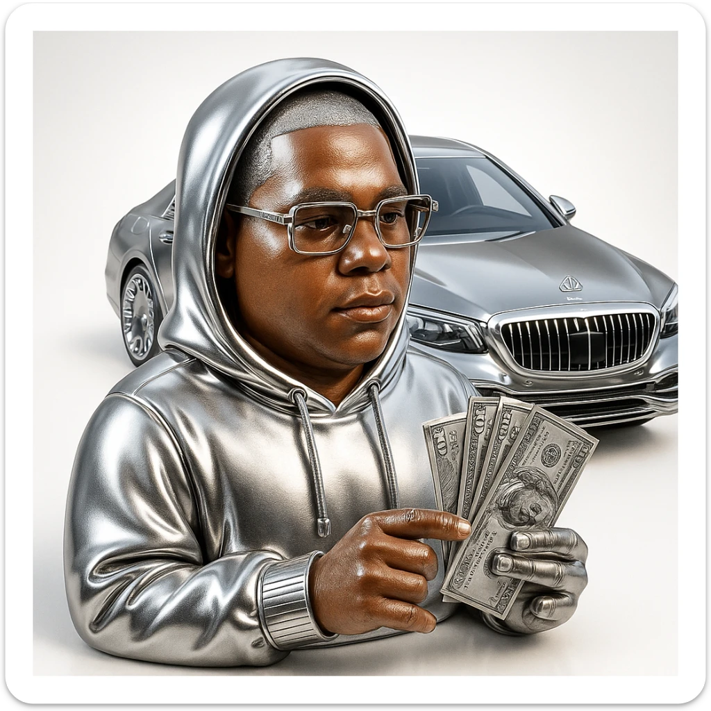 bold chrome style icon of a person with realistic light brown skin, natural facial features, and a naturally missing finger on the hand, wearing a chrome-rendered hoodie and clothing, Cartier glasses, holding detailed US dollar bills instead of money, with a Maybach car in the background, iconic chrome aesthetic sticker
