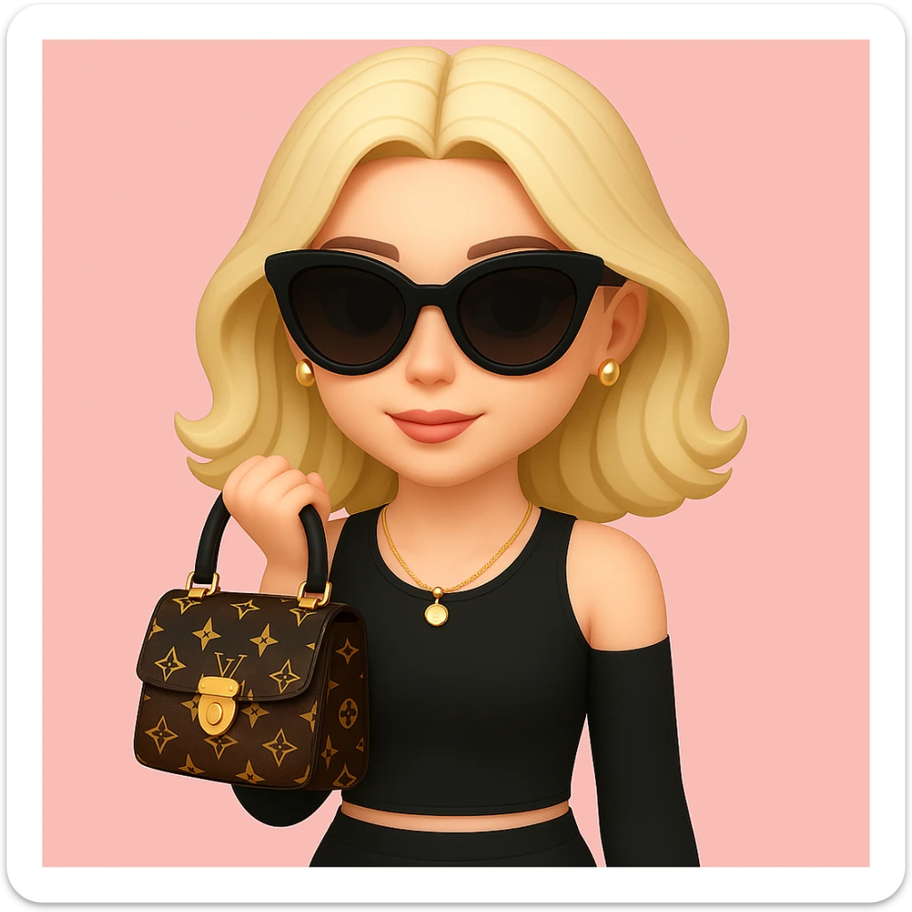 Add stylish black sunglasses and gold jewelry including earrings and a necklace to the girl. Keep the pink background and outfit unchanged. Maintain the original style and details of the girl while adding these accessories. sticker