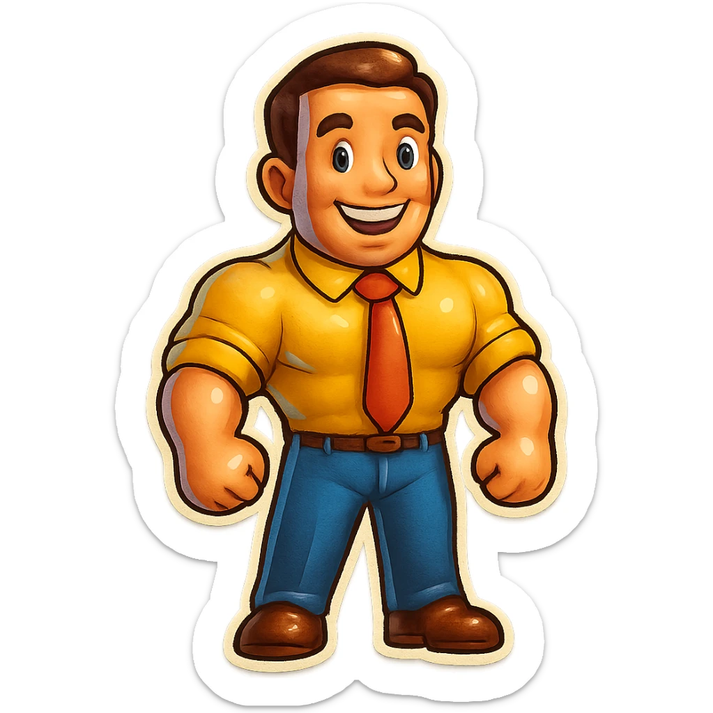 Add a shirt and trousers to the muscular man emoji, keep the style and smiling expression, no background. sticker
