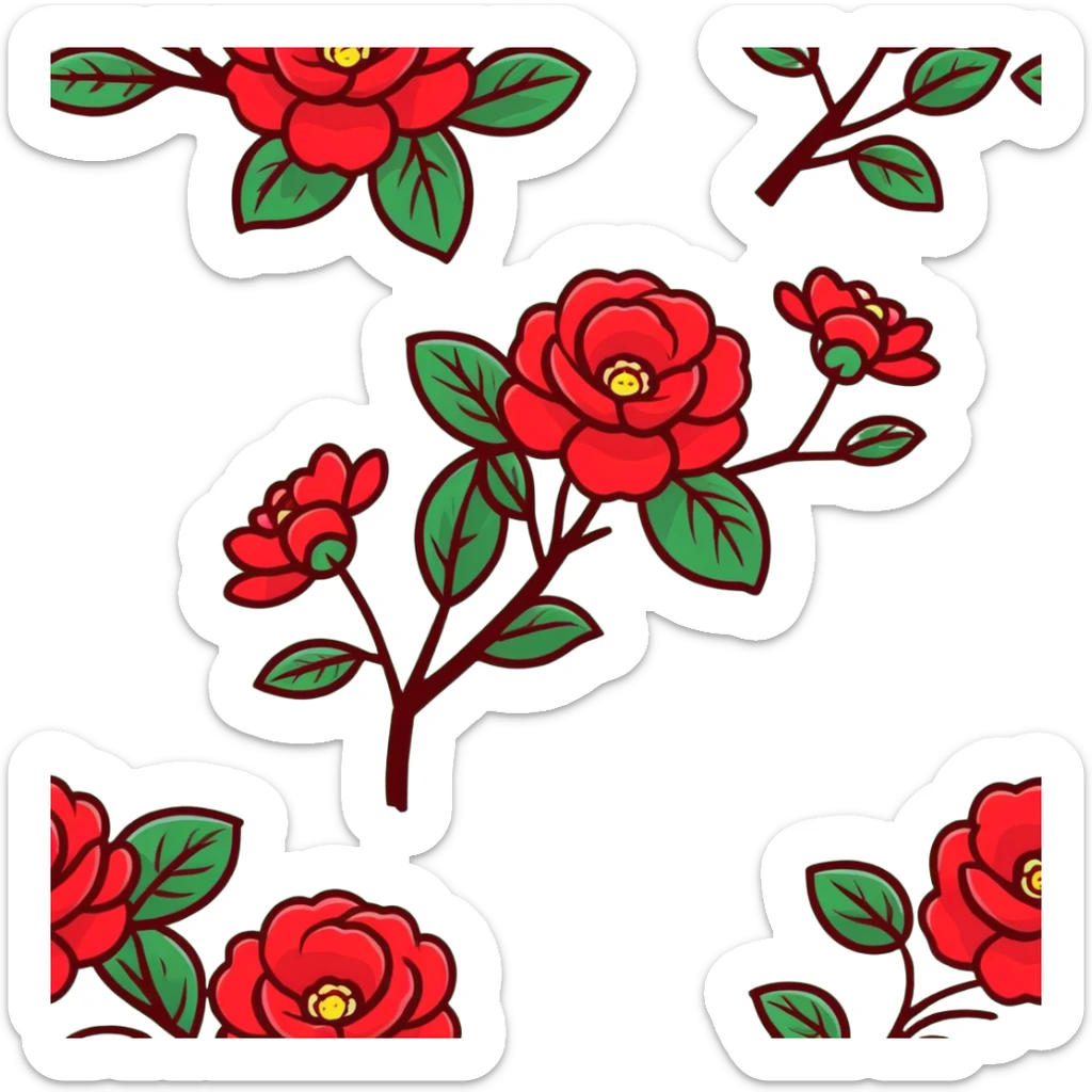 Elegant camellia japonica (tsubaki) bloom with perfect geometric arrangement of deep red petals and serrated green leaves sticker