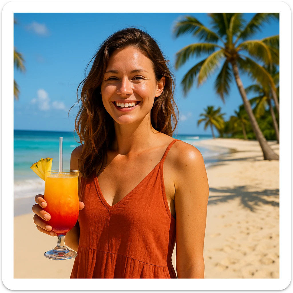 take this picture of a woman and make it  beach photo with drink sticker