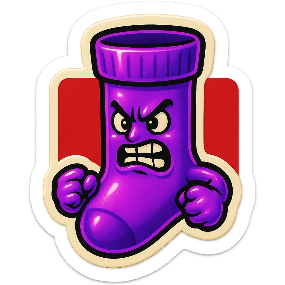 A neon-purple sock with an angry face, clenched fists, and a red background, representing rage or frustration. sticker