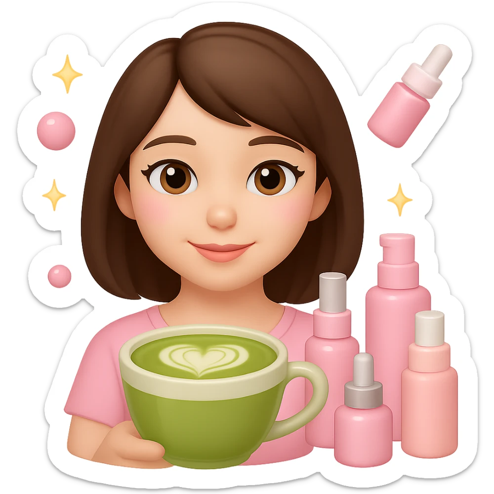 Create an Apple emoji style square profile picture of a girl with short dark brown hair and brown eyes, featuring a pink soft girl aesthetic. She is holding a matcha latte and is surrounded by pink skincare and makeup bottles with sparkles, conveying a gentle and cute vibe. The style should mimic Apple emojis with concise details and vibrant colors. sticker
