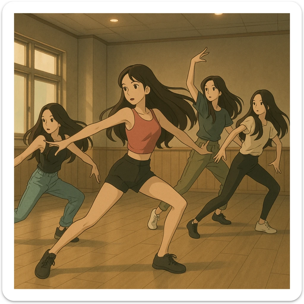 beautiful skinny women with long dark brown hair, kpop girl group at dance practice, dynamic dance pose, soft lighting, practice room, ghibli style sticker