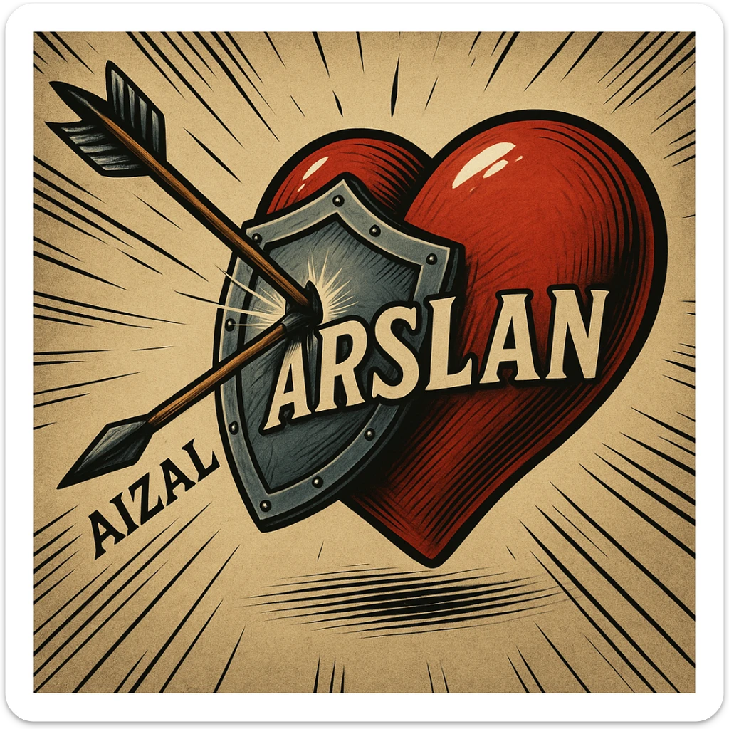 Add the name 'Aizal' written clearly and legibly on the arrow and the name 'ARSLAN' written clearly and legibly on the heart, keeping the same style and composition as the original image. The text should be readable and integrated naturally with the existing elements. sticker