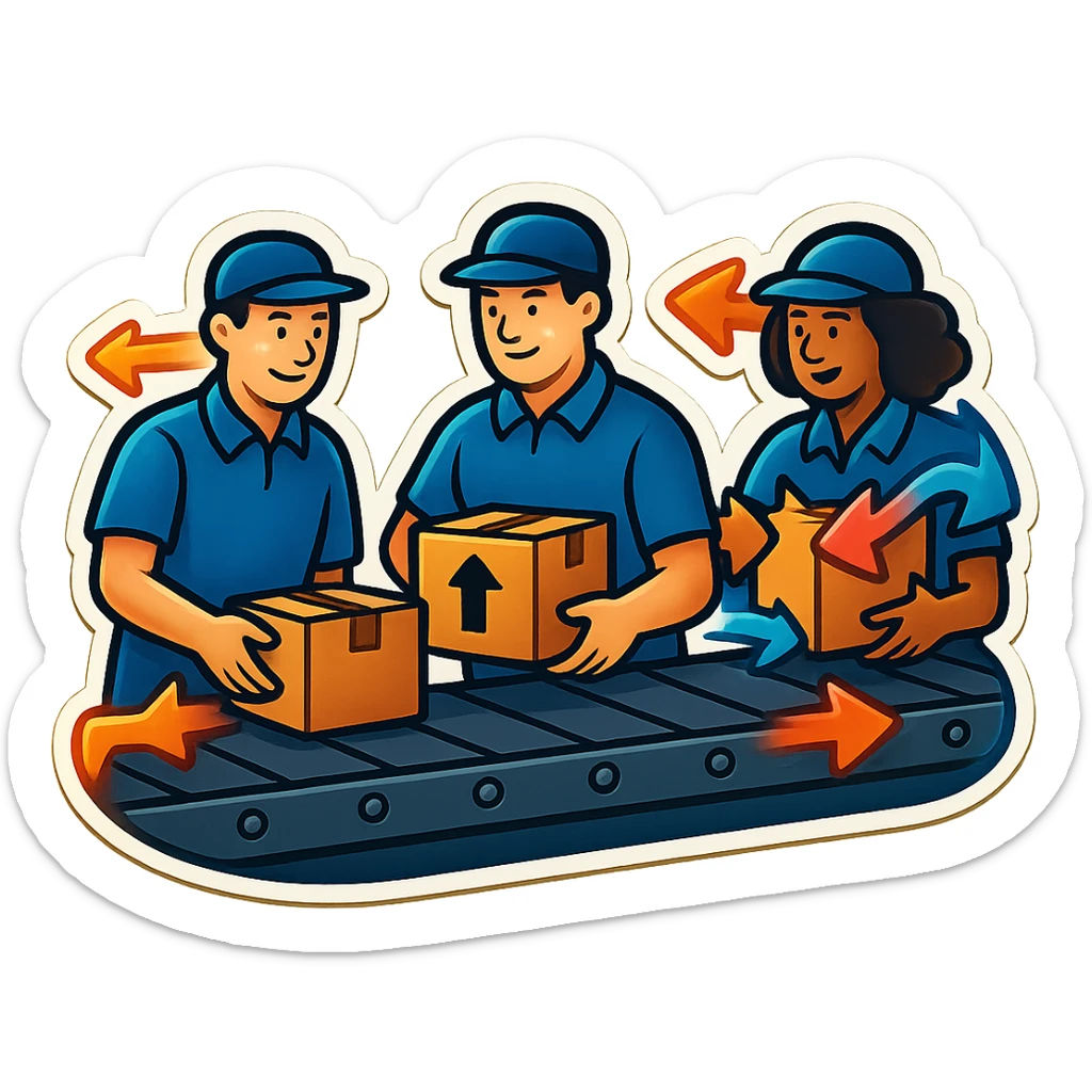 Картинка конвейерной ленты, по ней едут коробки, люди сортируют коробки в разные стороны sticker