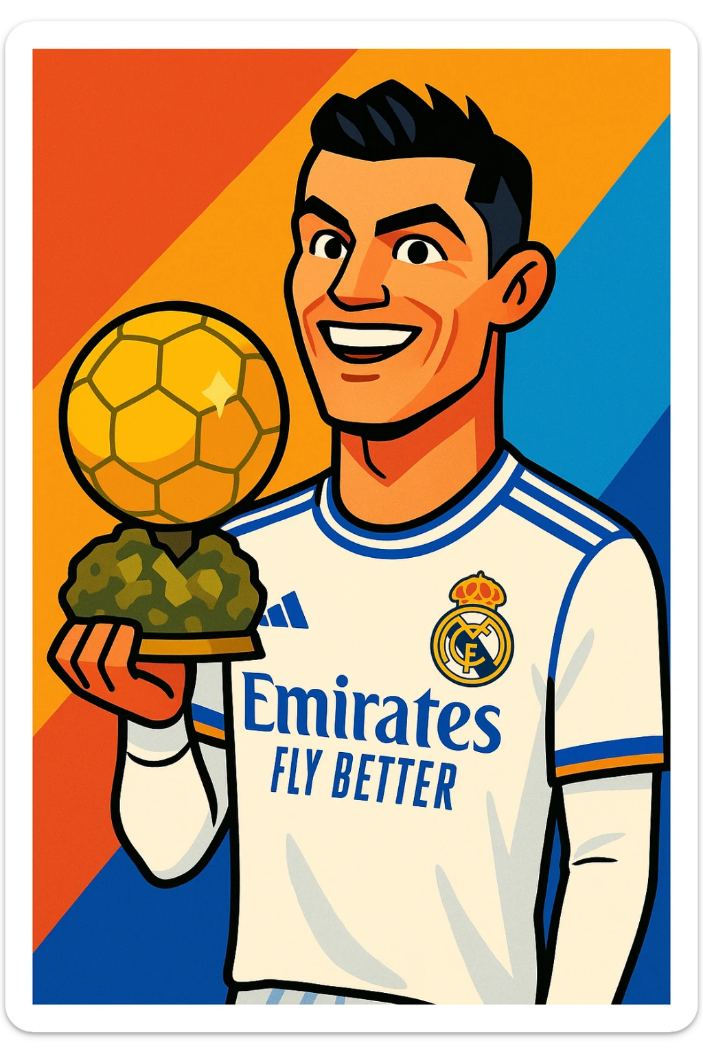 Cristiano Ronaldo in Real Madrid soccer uniform holding the Golden Ball trophy sticker