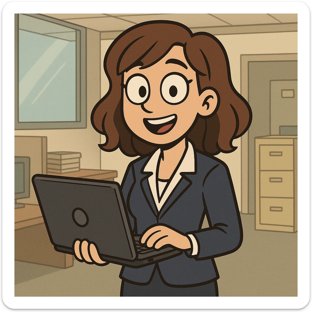corporate girl, medium length straight wavy hair, cartoon style, holding a laptop, smiling, office background sticker