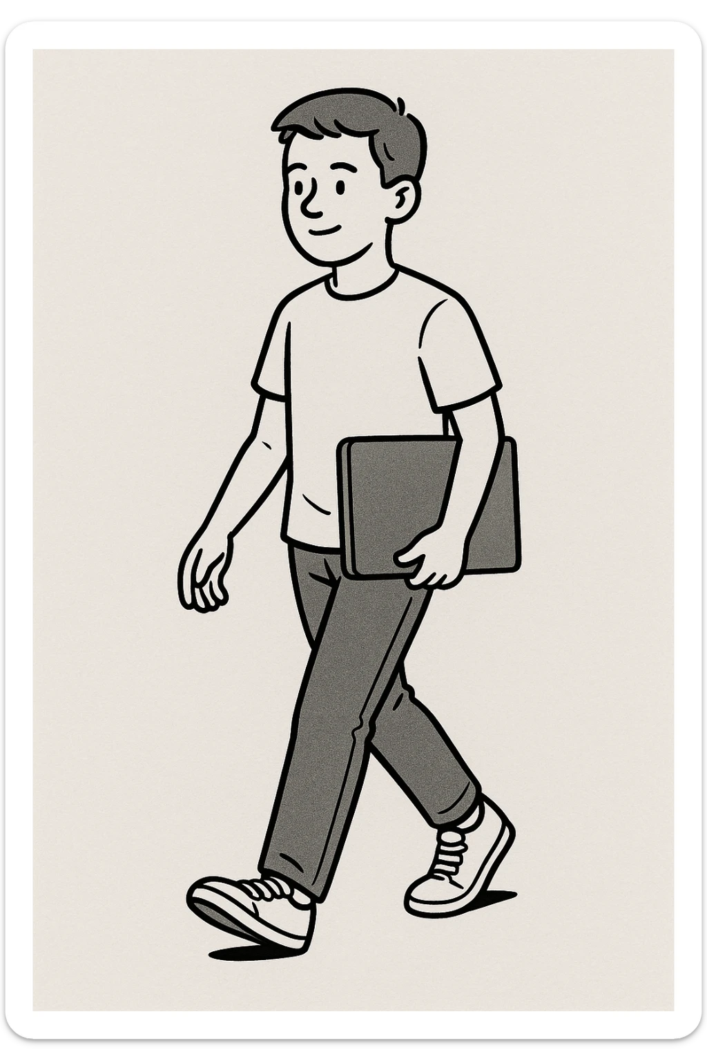 white teenage boy student, short hair, wearing a t-shirt and sneakers, carrying a laptop, simple background sticker