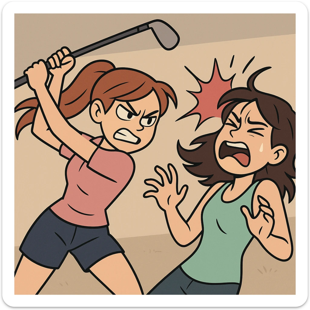 a girl hitting another girl with a golf club, dynamic action scene, expressive faces, cartoon style sticker