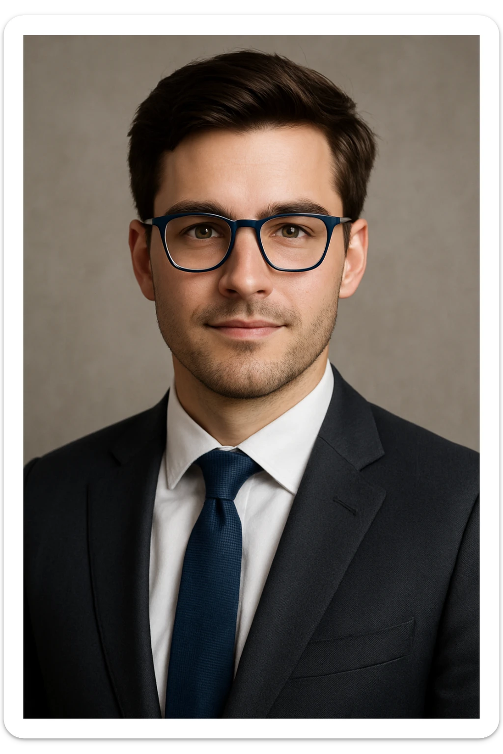 portrait of a young white man with brown hair, wearing blue-framed glasses and a business suit, confident and trustworthy expression sticker