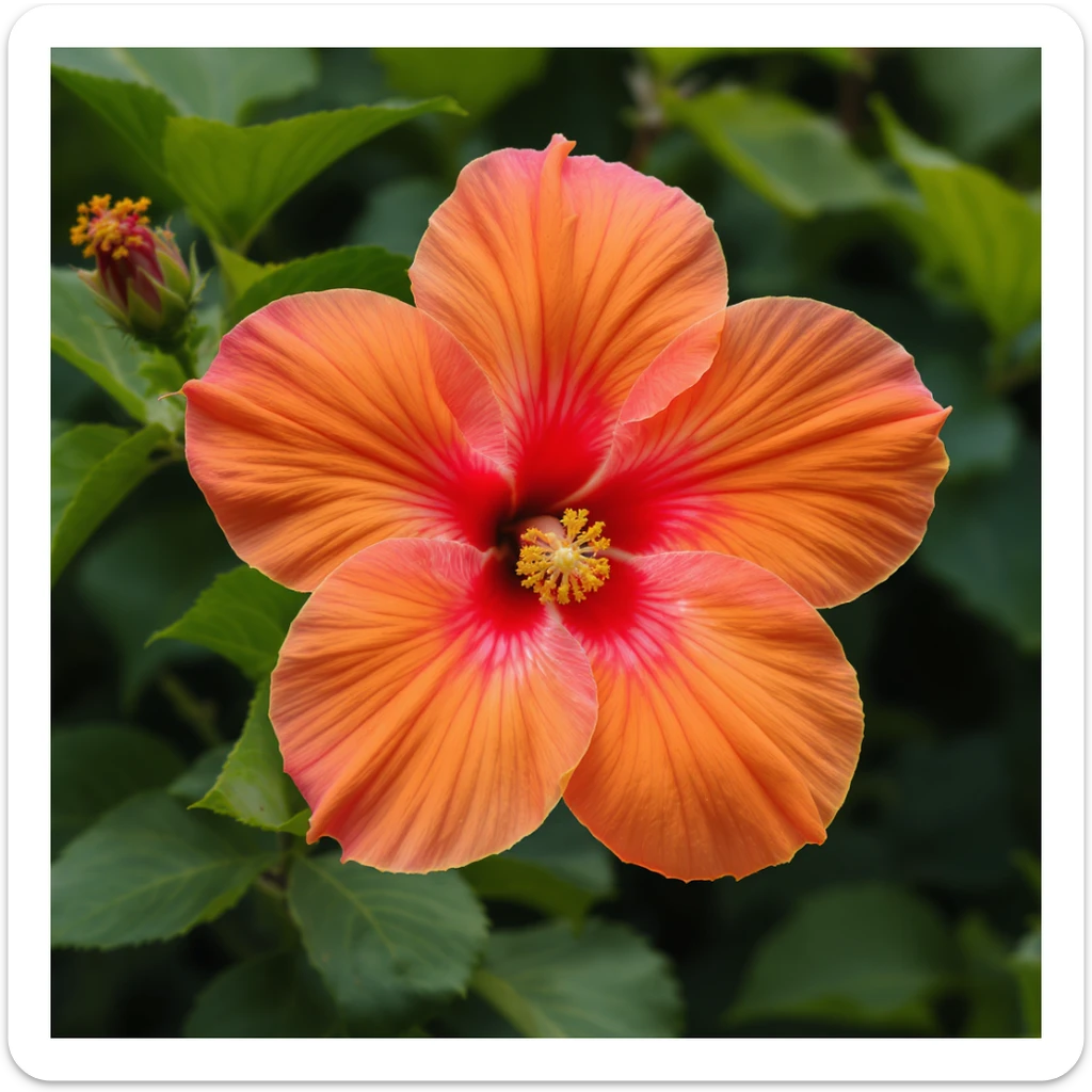 Realistic hibiscus flower with warmer orange and more hot pink petals, no stem, summery, photorealistic, no background, soft natural lighting, detailed botanical illustration, macro photography style. sticker