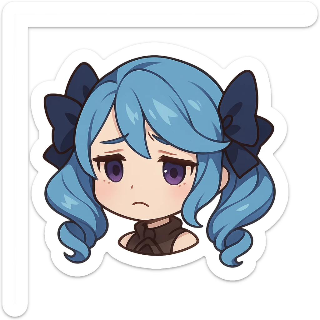 Gwen from League of Legends, chibi style, just the head, right eye purple, sad expression sticker