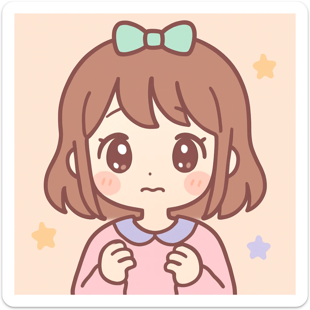 kawaii anime girl with brown hair, nervous expression, pastel colors sticker