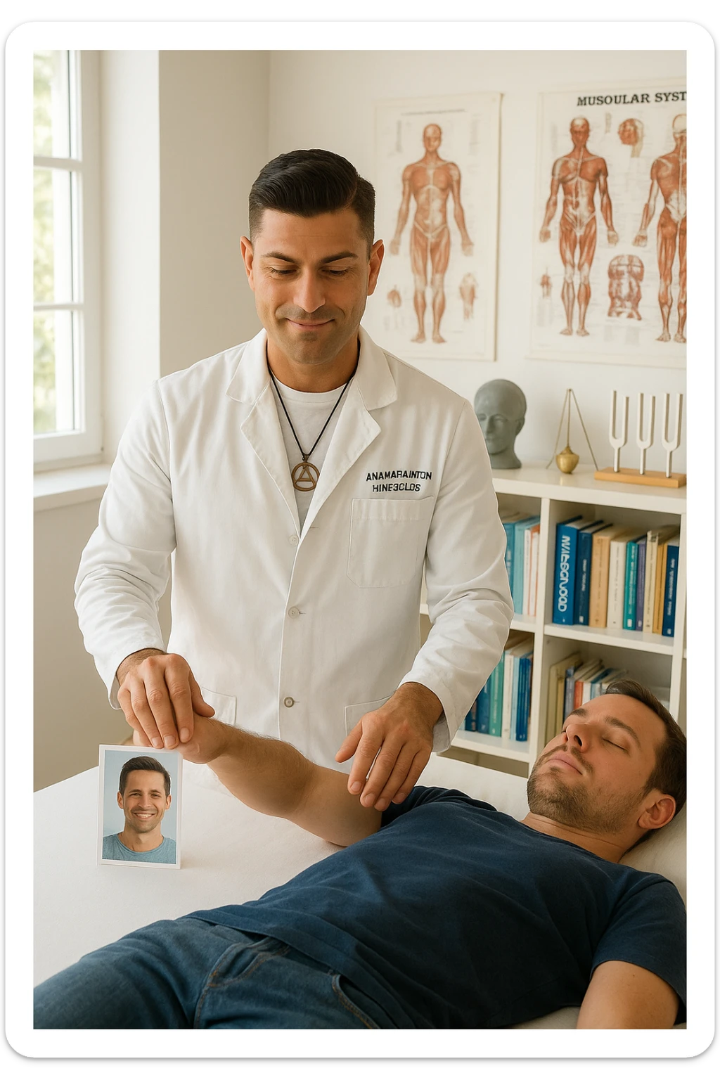 a middle-aged man, dressed in casual professional attire, is in a bright, organized therapy studio. Durante una visita di kinesiologia, il praticante tiene con una mano la foto di una persona lontana (il “testimone”) appoggiata su un tavolo, mentre con l’altra mano esegue un test muscolare su un cliente presente. Sullo sfondo si vedono libri di kinesiologia, poster anatomici e strumenti tipici della disciplina. L’atmosfera è concentrata e serena, con luce naturale che entra dalla finestra, sottolineando l’aspetto alternativo e umano della pratica. sticker