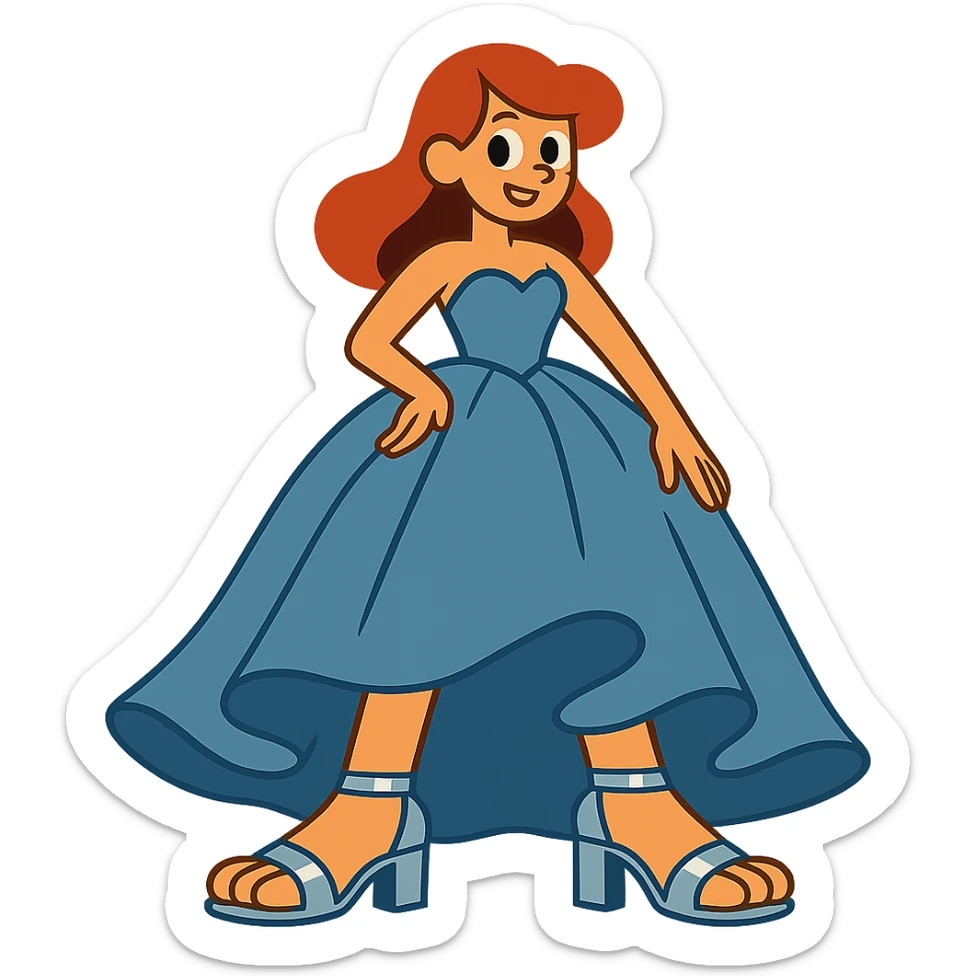 girl with big feet wearing silver heels and a big blue-grey prom dress sticker