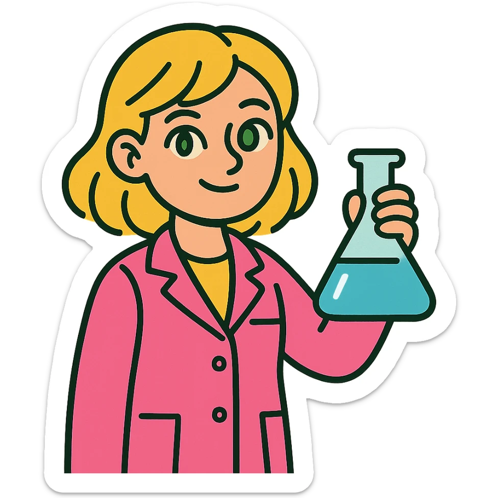 blonde girl with green-grey eyes, wearing a pink lab coat, holding a flask sticker