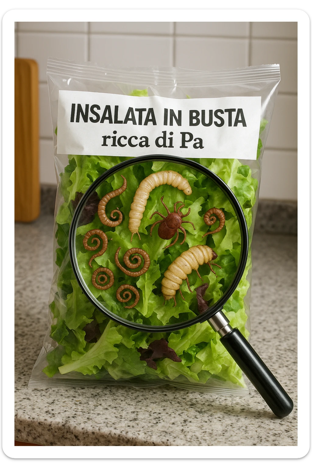 Insalata in busta ricca di pa transparent plastic bag of pre-washed salad sits on a kitchen counter. Through the bag, small, detailed images of various parasites (such as worms, larvae, or microscopic bugs) are visible among the lettuce leaves. A magnifying glass hovers over the bag, enlarging the parasites for emphasis. The mood is cautionary and educational.arassiti sticker