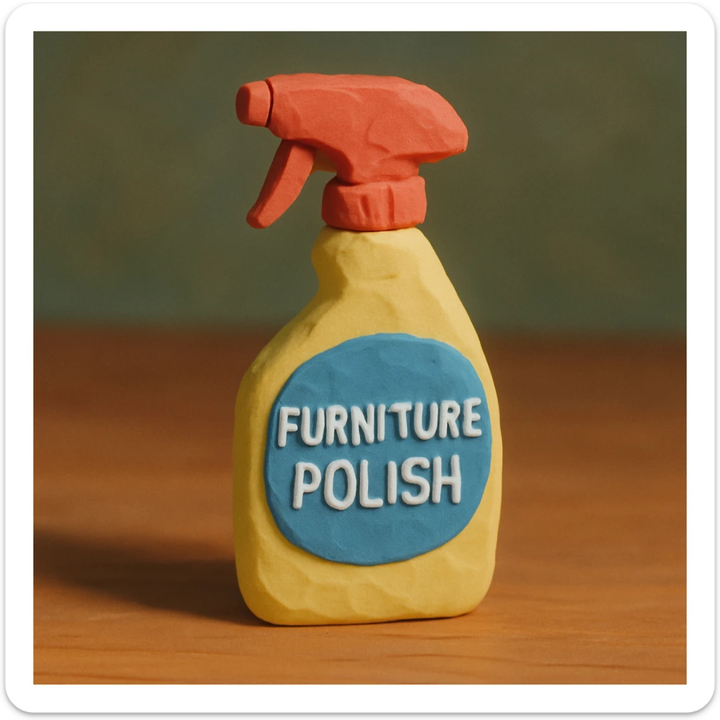 claymation style close-up of Pledge-like furniture polish bottle on a wooden table, soft lighting, pastel colors sticker