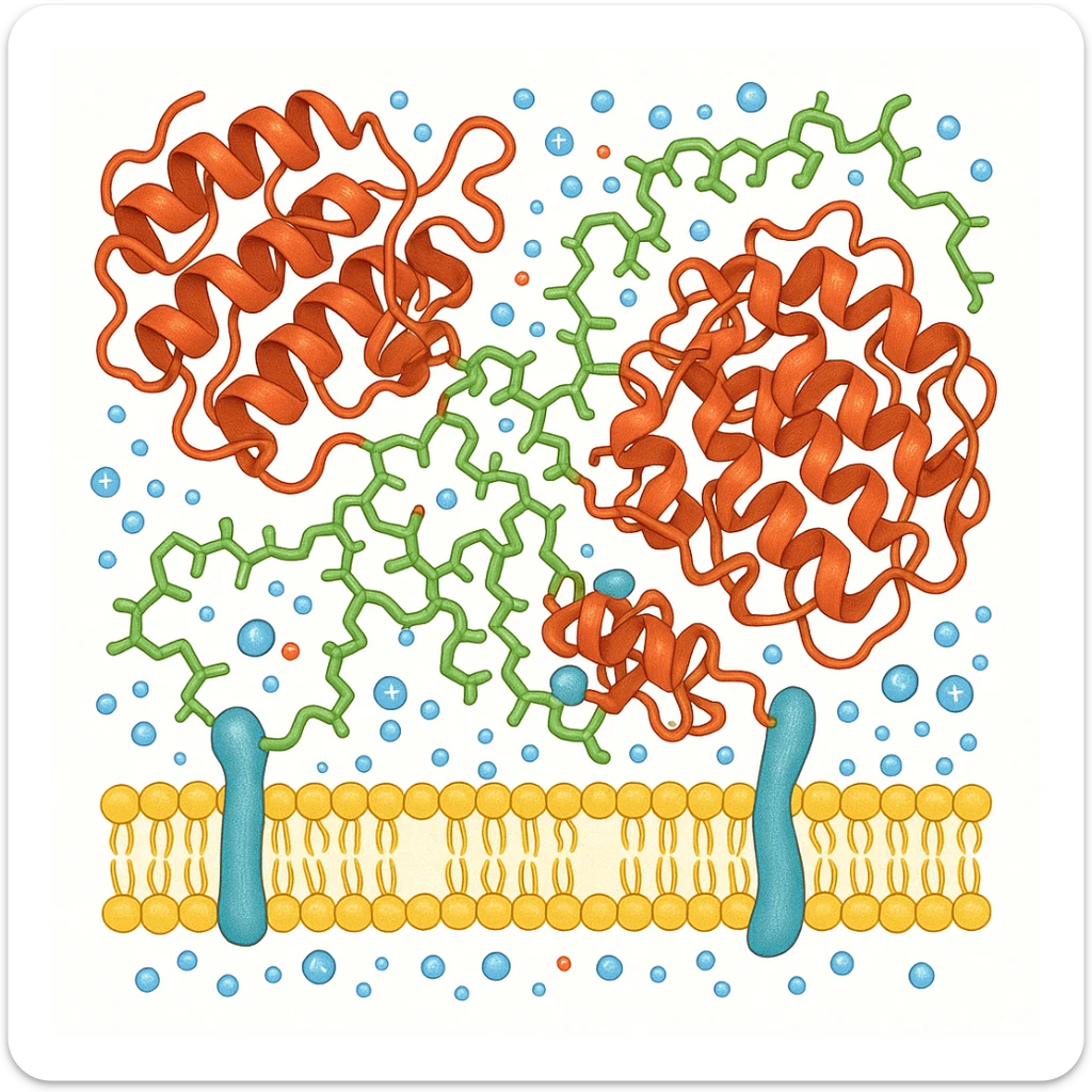 Ultra-realistic scientific illustration of enzymatic starch digestion at the cellular level, rendered in textbook-accurate detail. Show:

Multiple amylase enzyme molecules (red, with clear tertiary structure showing alpha-helices and beta-sheets) actively cleaving
Starch polymers (green amylose/amylopectin with accurate glucose unit linkages - α(1→4) and α(1→6) branches)
Cell membrane segment (yellow phospholipid bilayer with integral proteins and cholesterol molecules)
Reaction environment (blue water molecules, ionic interactions, pH-sensitive groups)
Molecular interactions (hydrogen bonds, substrate-enzyme transition state, electron cloud textures)
Technical Specifications:

Background: Pure white (#FFFFFF)
Accuracy: PDB-level structural correctness (reference 1SMD for amylase)
Exclusions: No labels
Special Details to Include:

Catalytic triad (Asp197, Glu233, Asp300) in amylase active site
Starch helix distortion during hydrolysis
Membrane protein channels for glucose transport sticker