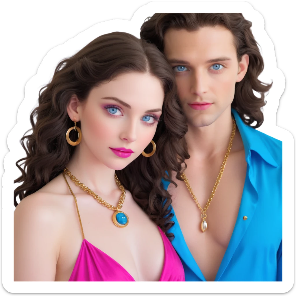 attractive couple embracing in romantic pose, woman with big blue-grey eyes, long lashes, pale skin, pink lips, long voluminous dark brown curls, gold hoop earrings, revealing silky halter top close to handsome man with intense blue-grey eyes, chiseled features, pale skin, confident smirk, dark brown styled hair, gold chain, revealing open shirt, faces close together sticker