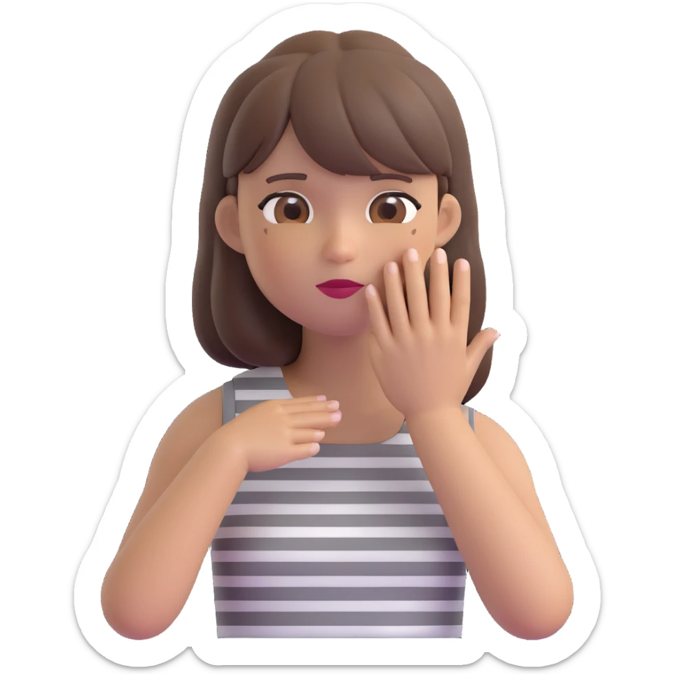 cartoon emoji of a stylish woman wearing a sleeveless grey-and-white striped dress, straight brown hair with bangs, one hand touching her face, neutral or confident expression, compact and simplified, colorful, smooth, minimal white or transparent background sticker