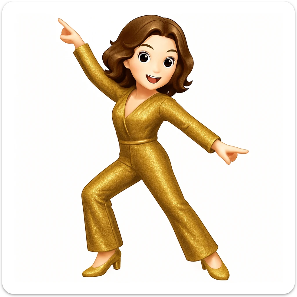 Make the woman do the exact pose of the 🕺🏻 emoji (one arm up, one arm out, one leg bent), keep white skin, brown hair, sparkly jumpsuit, emoji style sticker