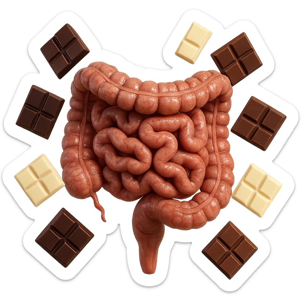pezzetti di cioccolato fondenti, al latte e bianchi fluttuano intorno ad un intestino umano anatomico realistico, IPERREALISTICO 4K sticker