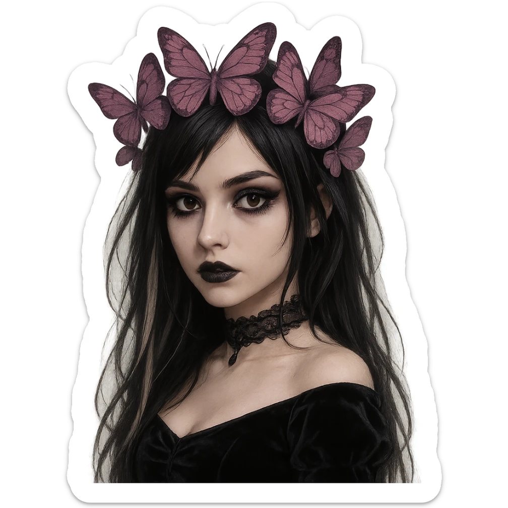 emo girl, mysterious and elegant, gothic style, dark hair with streaks, expressive eyes, butterfly crown in matte pink and purple sticker
