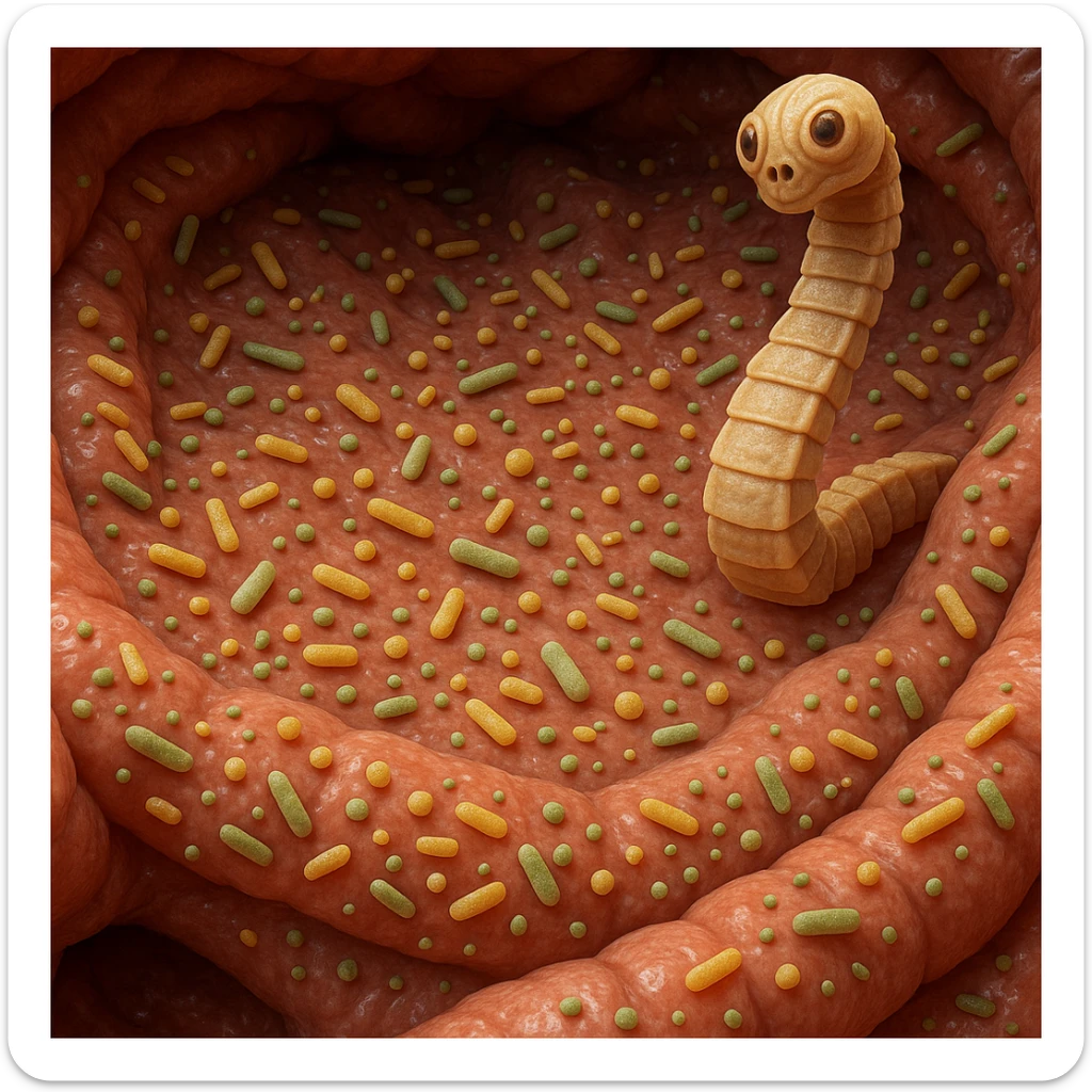 a medical illustration of a human realistic gut with bacteria and parasyte (tenia) realistic 4k real   sticker