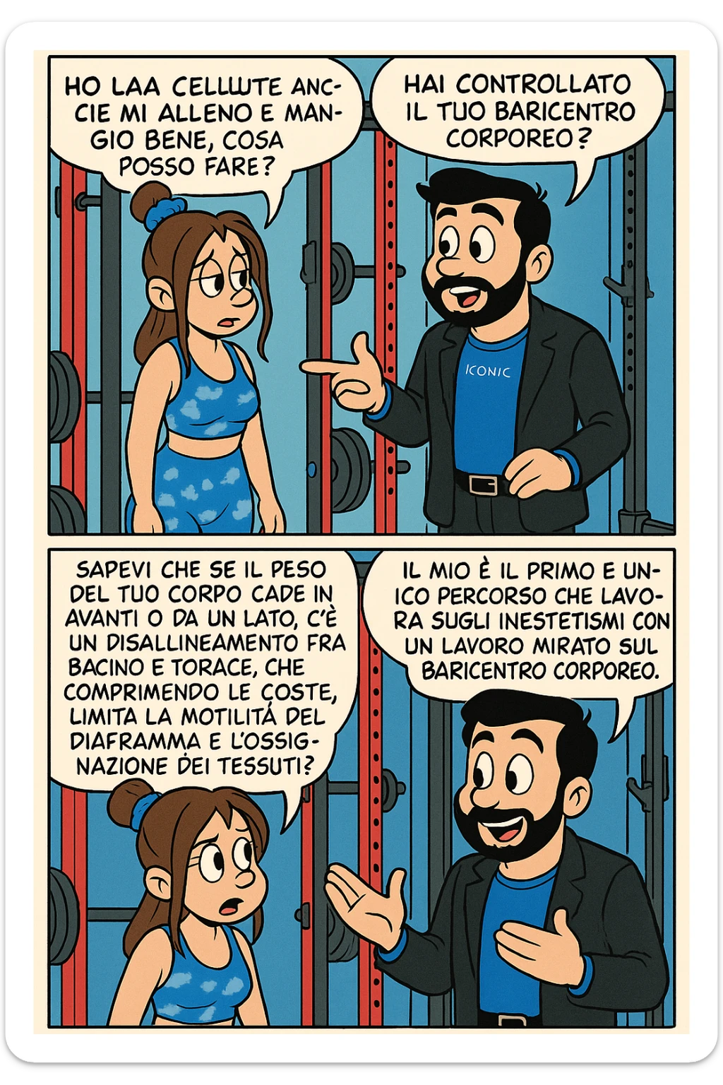 TRASFORMA QUESTO CAROSELLO IN UN FUMETTO STILE TOPOLINO CON QUESTE DUE PERSONE IDENTICHE CHE INTERLOQUISCONO TRA LORO:

LEI: Ho la cellulite anche se mi alleno e mangio bene, cosa posso fare?

LUI: Hai controllato il tuo baricentro corporeo?
LUI: Sapevi che se il peso del tuo corpo cade in avanti o da un lato, c’è un disallineamento fra bacino e torace, che comprimendo le coste, limita la motilità del diaframma e l’ossigenazione dei tessuti?
LUI: Il mio è il primo e unico percorso che lavora sugli inestetismi con un lavoro mirato sul baricentro corporeo. sticker
