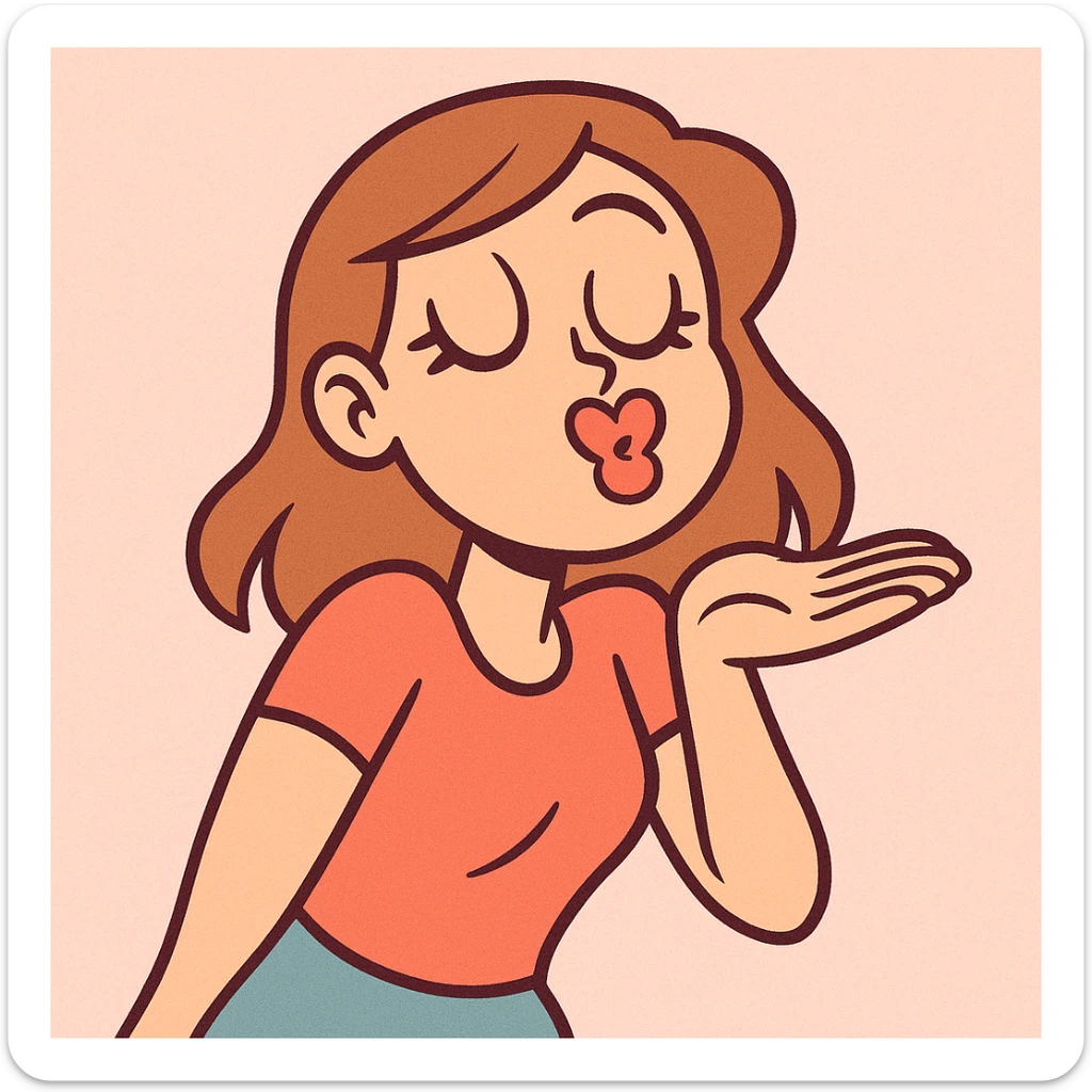 colorful cartoon style young woman blowing a kiss, lips shaped like a heart, pastel background sticker