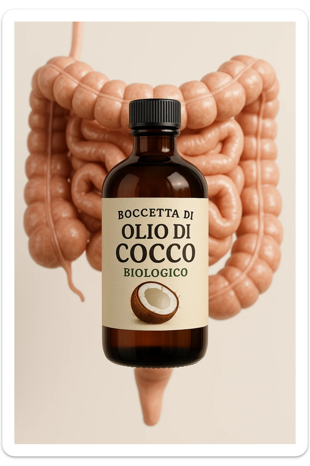 BOCCETTA DI OLIO DI COCCO BIOLOGICO (FAI UN ETICHETTA SUL PRODOTTO IN ITALIANO) CHE FLUTTUA IN ARIA DAVANTI A UN INTESTINO UMANO ANATOMICO IN PERFETTA SALUTE, SFONDO CHIARO, iperrealistico 4k sticker