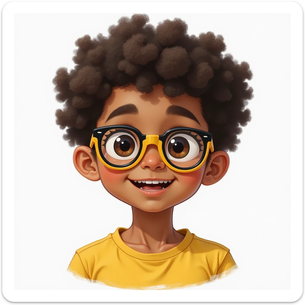 11 year old mixed-race boy, yellow and black glasses, curly hair, realistic illustration style, neutral background sticker