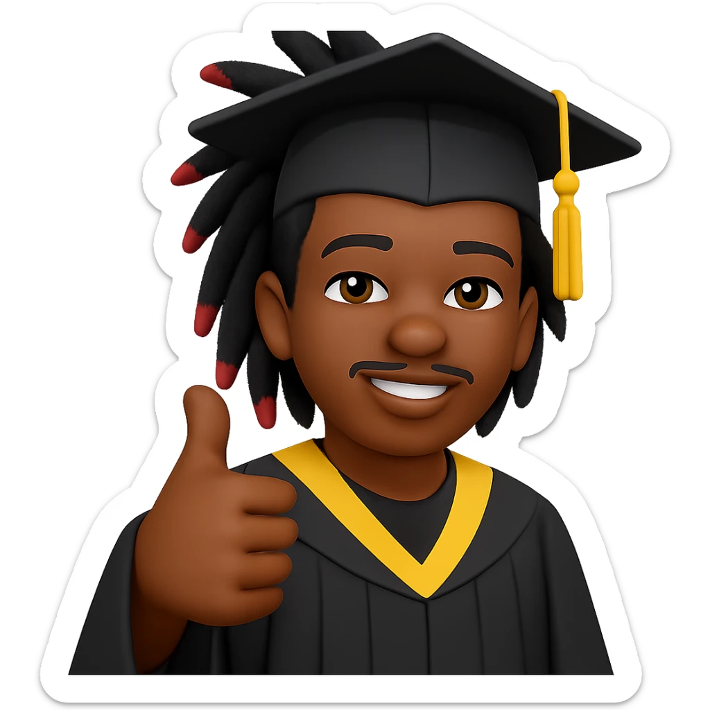 Create a male African American graduate emoji with the hairstyle and features from the reference photo, wearing a graduation cap and gown, giving a thumbs up. No background. sticker