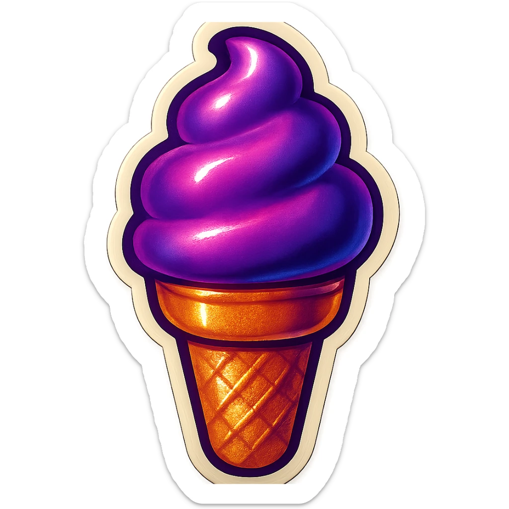 retro sticker of a purple ice cream cone, bold outlines, vintage sticker style sticker