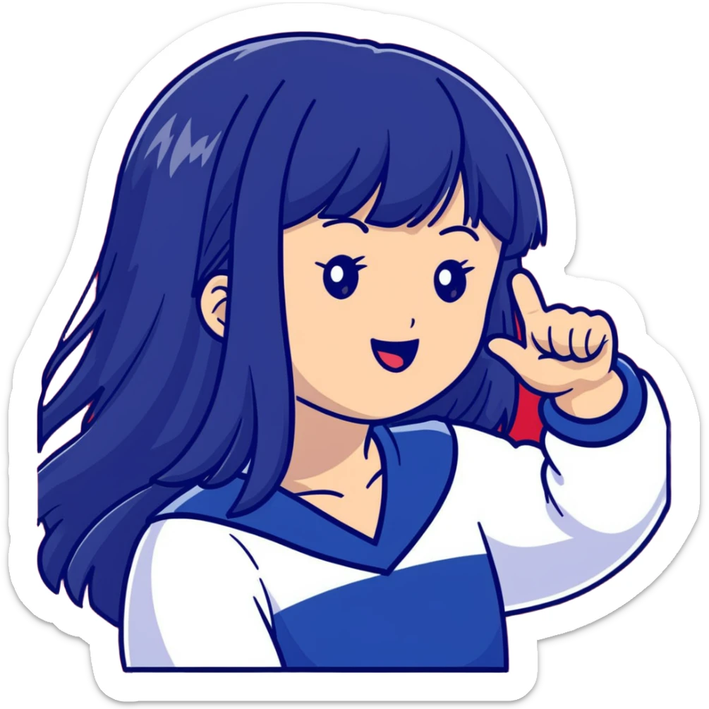 East Asian woman with long black straight hair and bangs wearing navy and white Doosan Bears team colors, cheering sticker