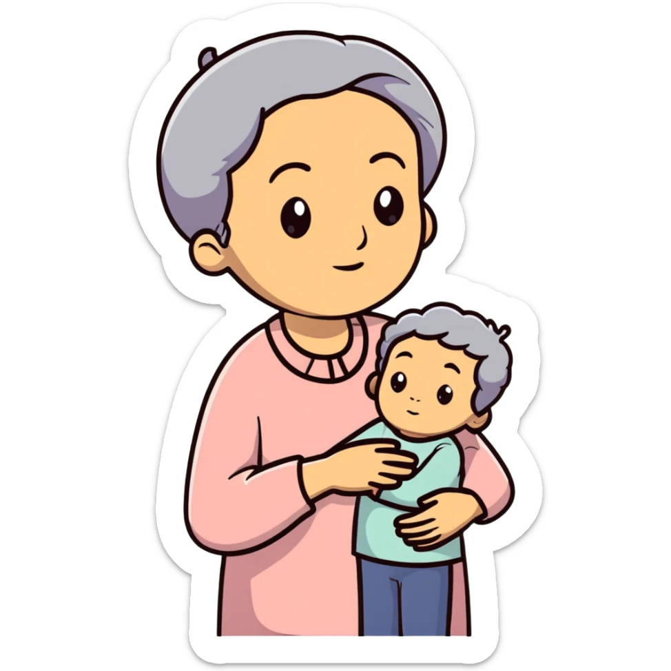 Full body view of a Black mother with Alzheimer's disease who has a 19-year-old child, gentle posture, slightly confused expression, comfortable clothing sticker