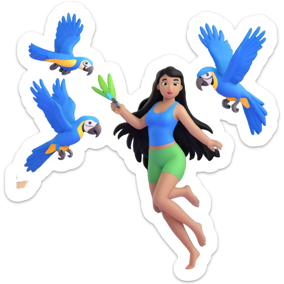 woman with long straight black hair, light brown skin, with blue macaws flying around her, and the three arches of Atalaia Beach (Aracaju-SE) in the background sticker
