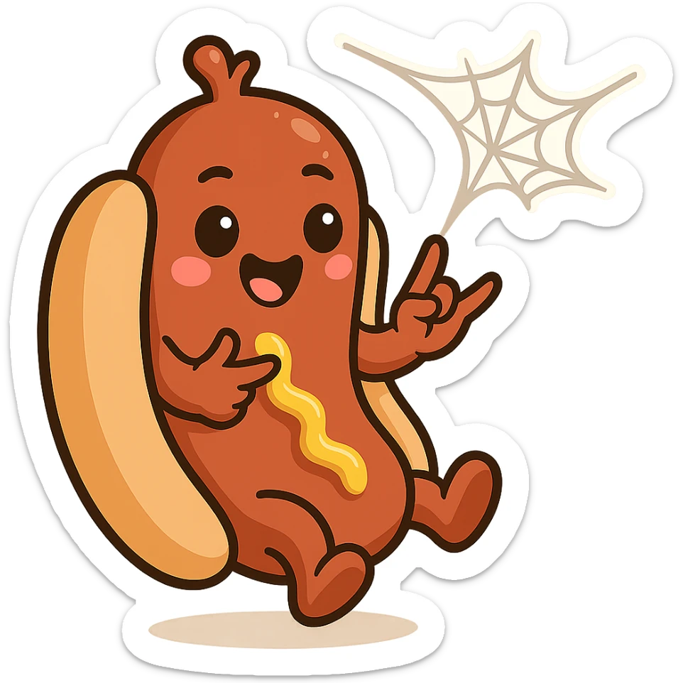 Edit the image so that the web is coming out of the hot dog's head instead of the tip. Keep the pose playful and dynamic with no background. sticker