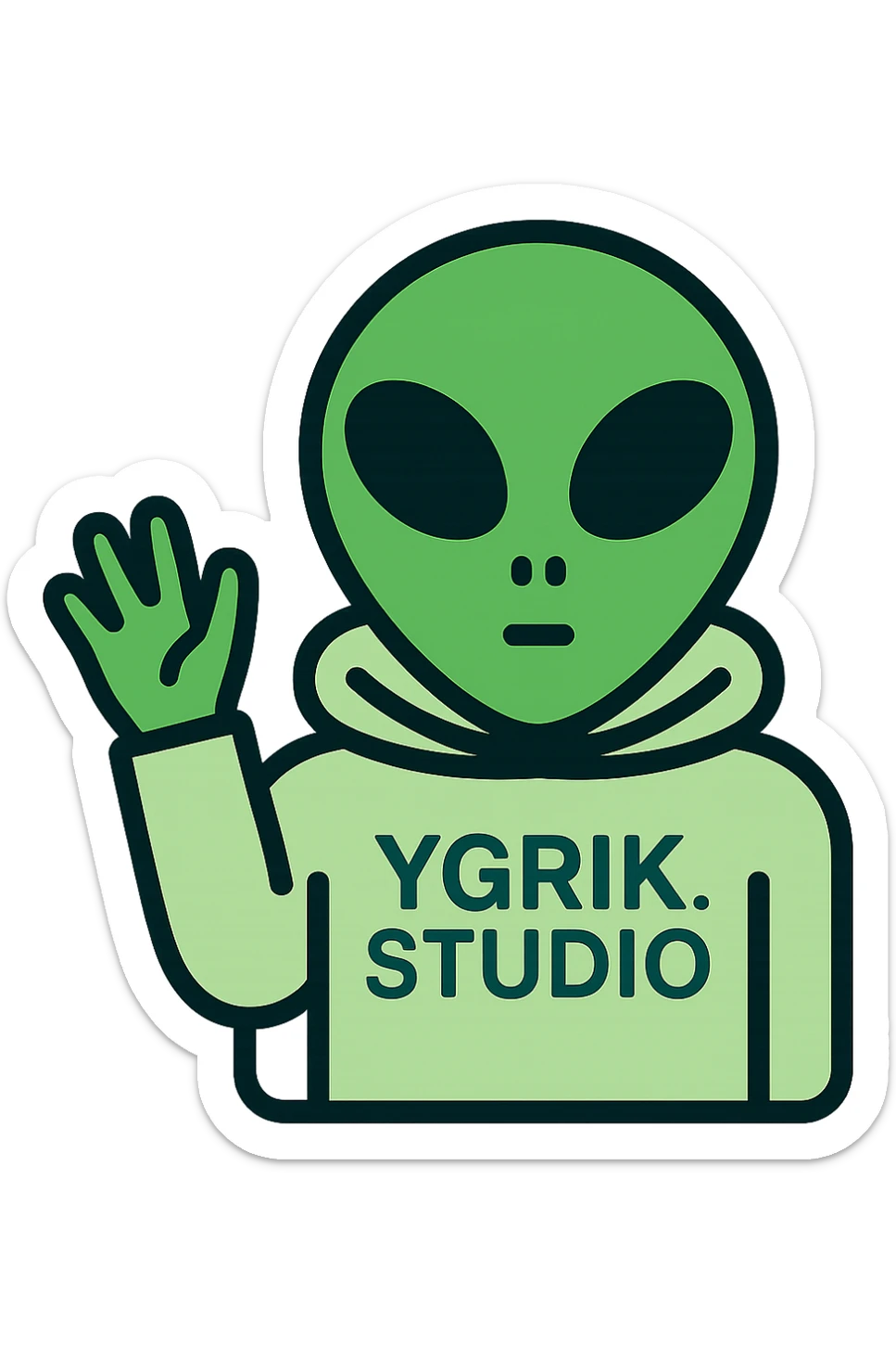 A green alien with big black eyes and a small nose, wearing a light green hoodie with the word 'YGRIK.STUDIO' on it, in icon color outlined style. The alien is greeting and waving. sticker