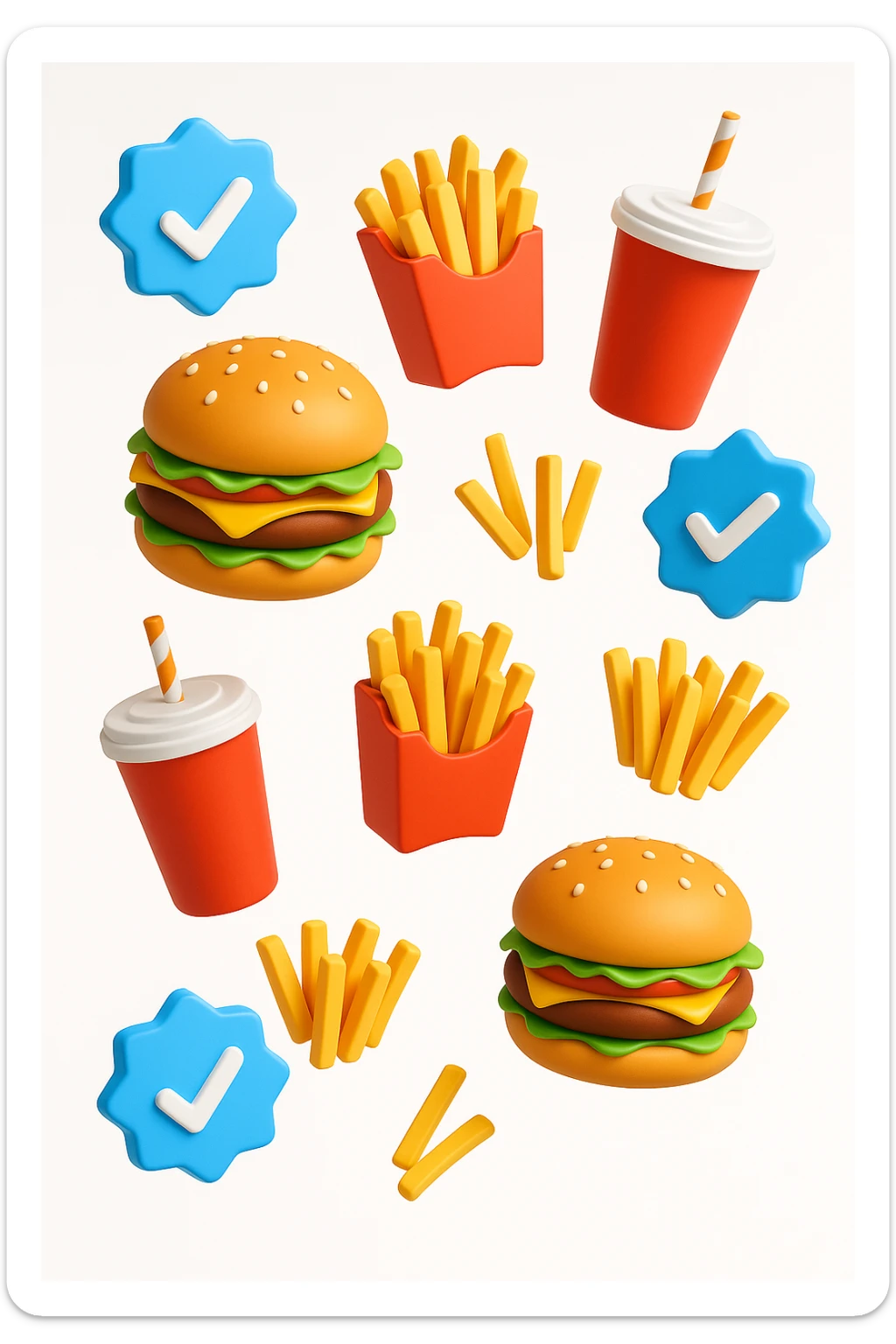 fast food fluttua in aria insieme a spunte di verificato in 3d, sfondo bianco sticker