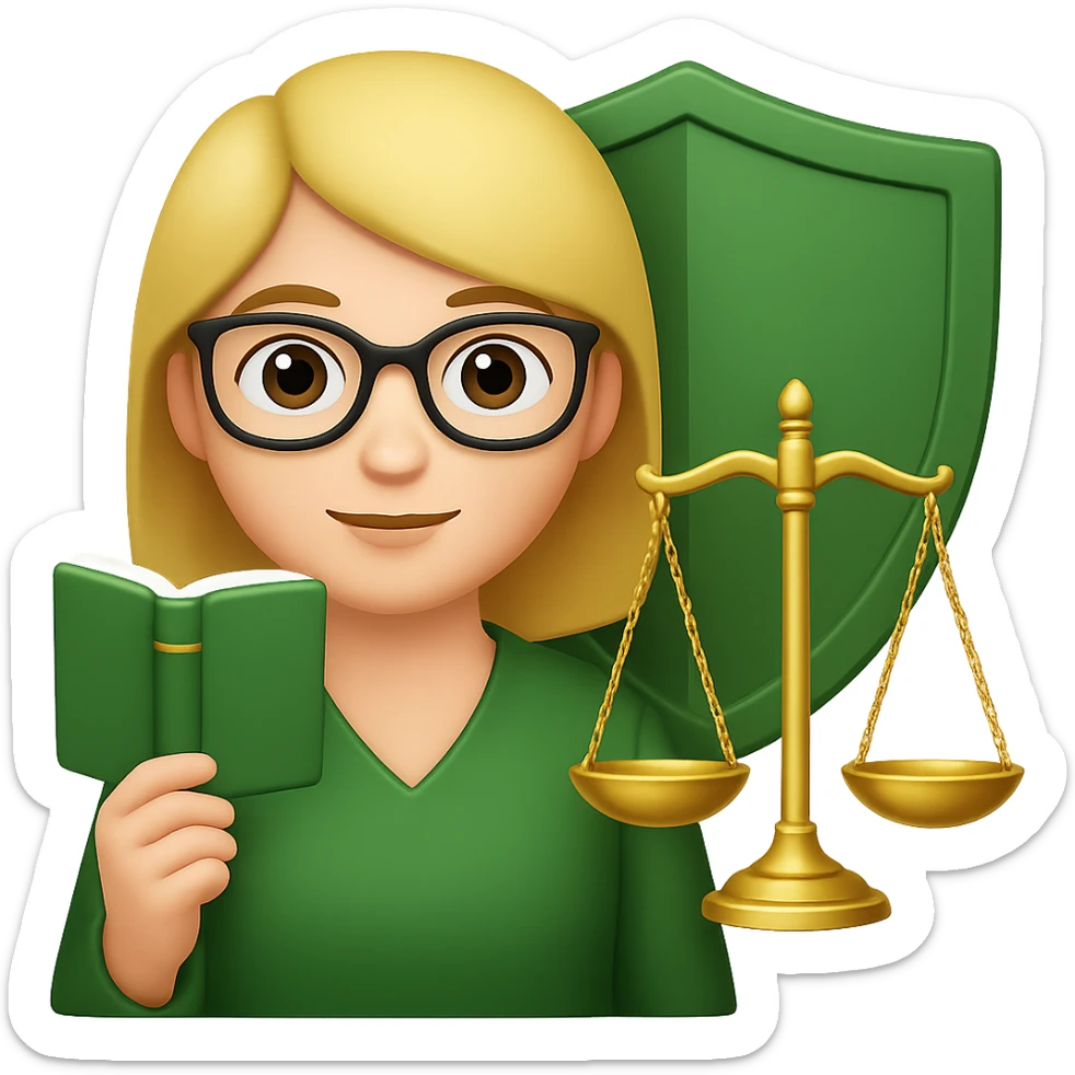 A lady with blond hair and glasses, holding a green book and a gold justice scale, with a shield in the background, in an emoji style with no background. sticker