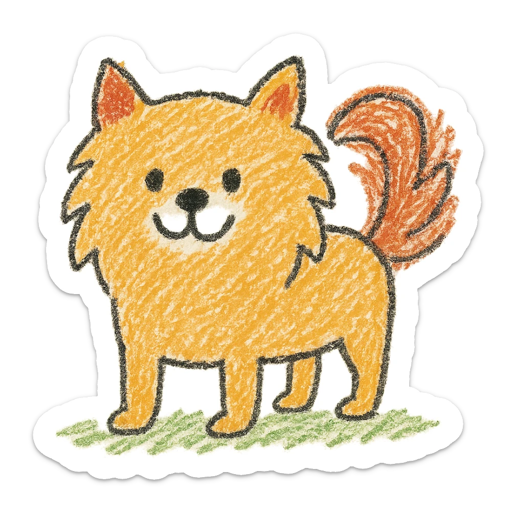 Pomeranian dog, children doodle style, simple lines, playful and friendly sticker
